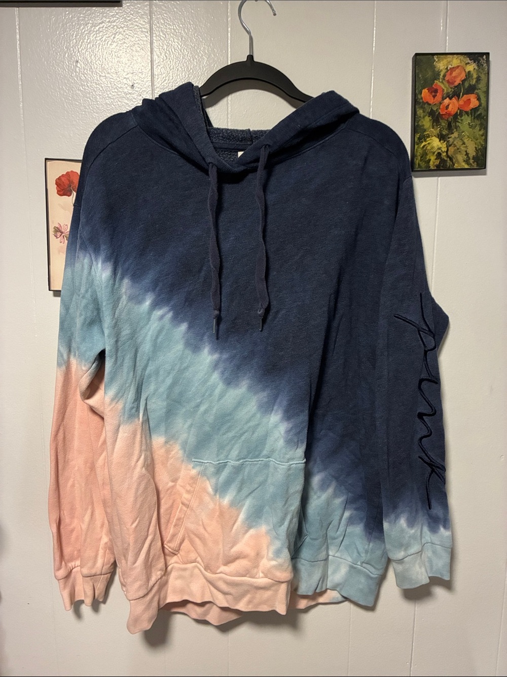 PINK Victoria's Secret Tie-Dye Hooded Pullover - Navy, Light Blue & Peach